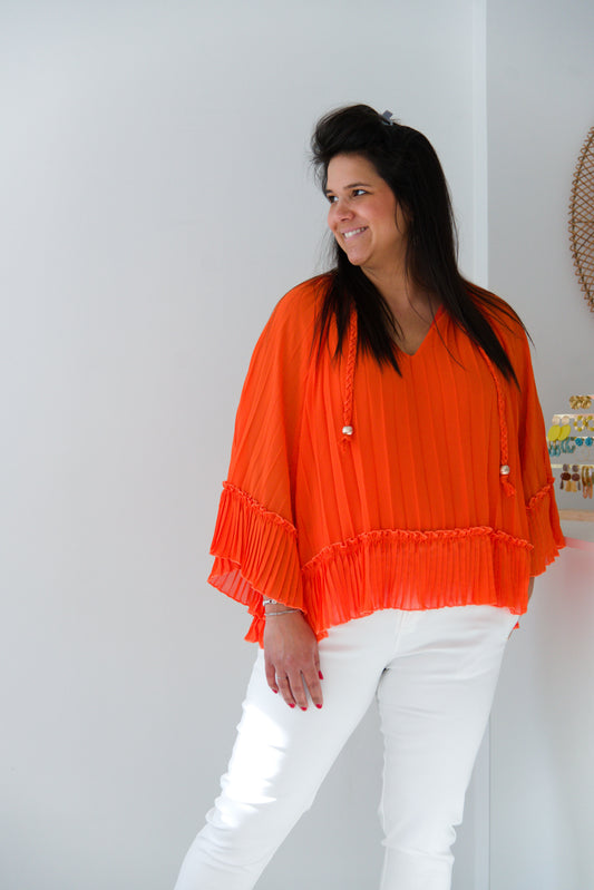 Twirl plissé blouse orange