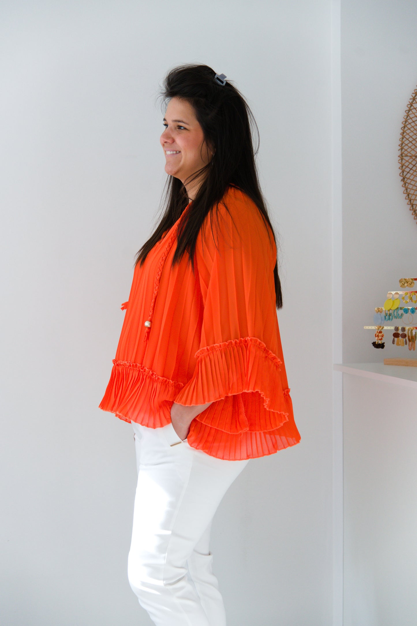 Twirl plissé blouse orange