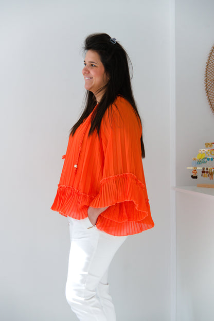 Twirl plissé blouse orange