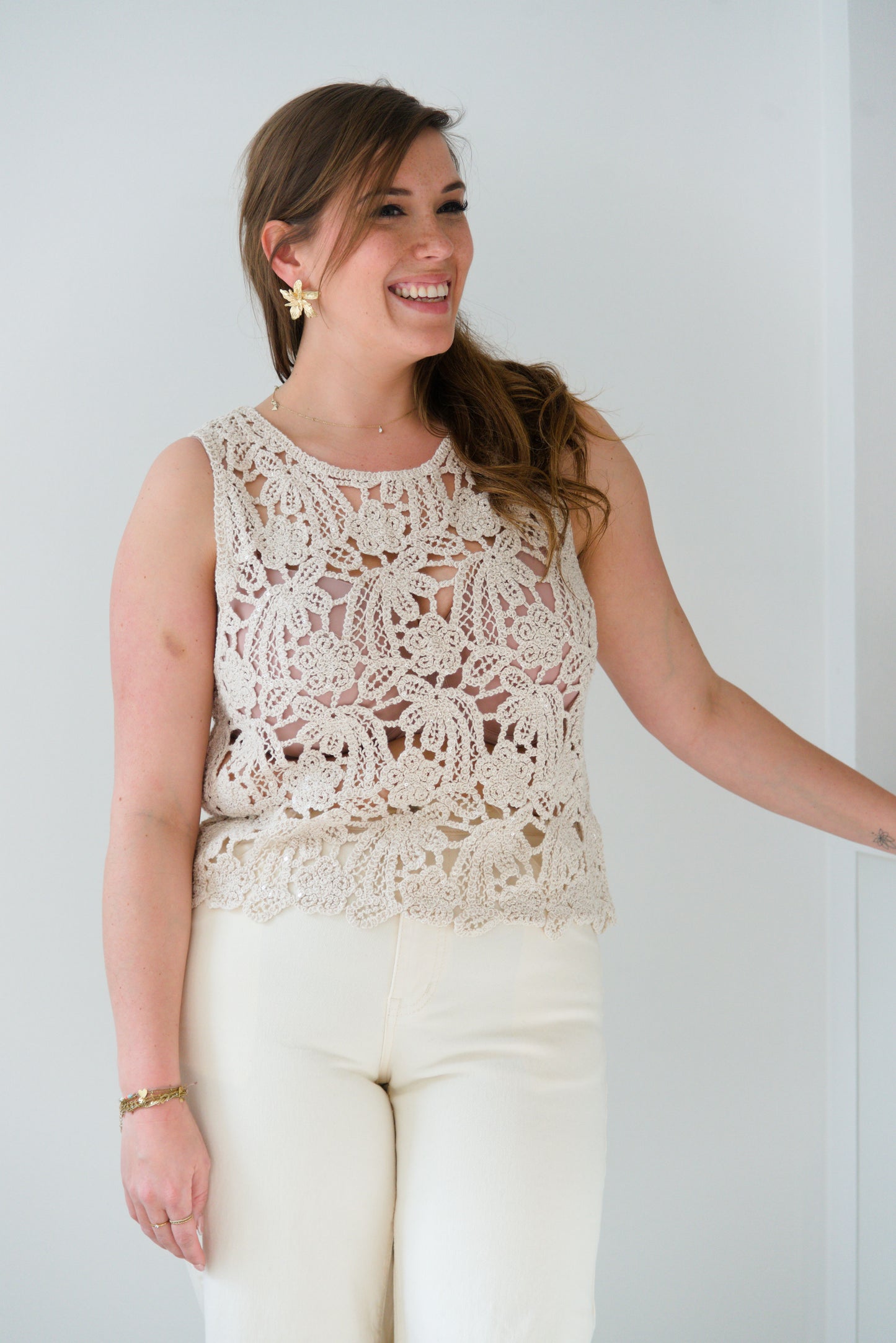 Beige sparkle crochet top