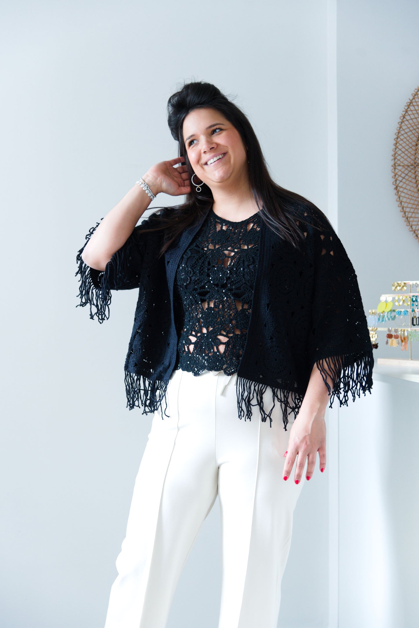 Boho fringe crochet cardigan black