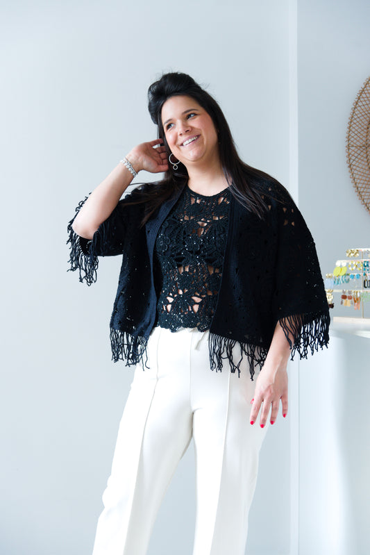 Boho fringe crochet cardigan black