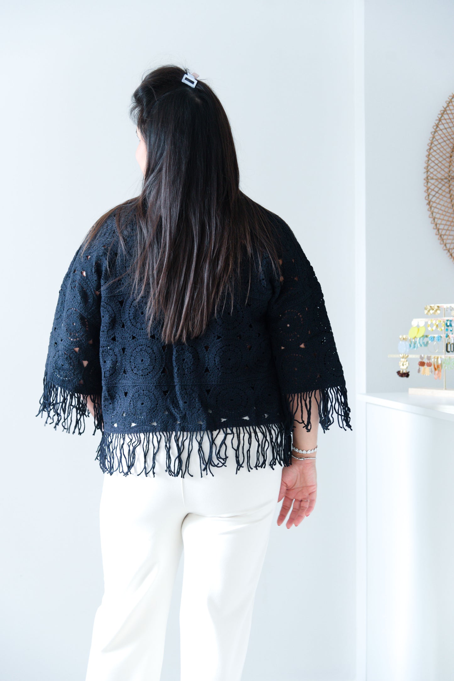 Boho fringe crochet cardigan black