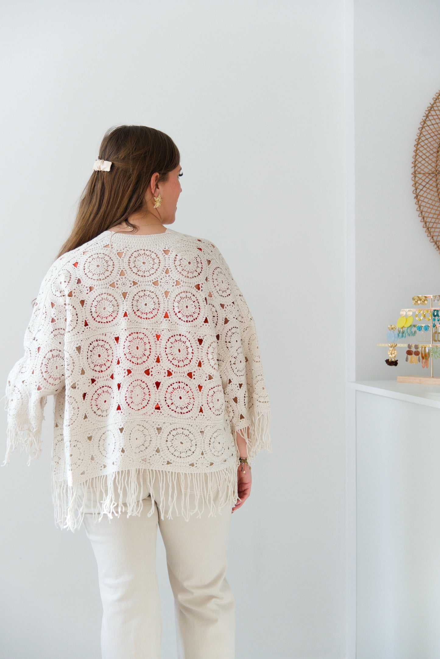 Boho fringe crochet cardigan beige