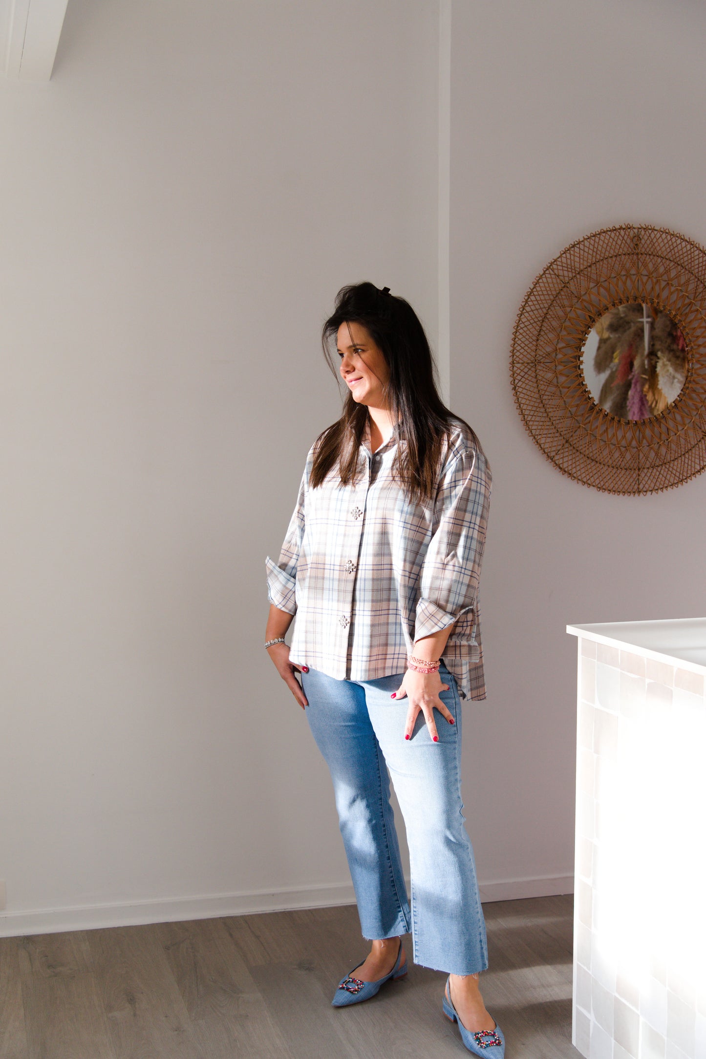 Embellished plaid shirt blue