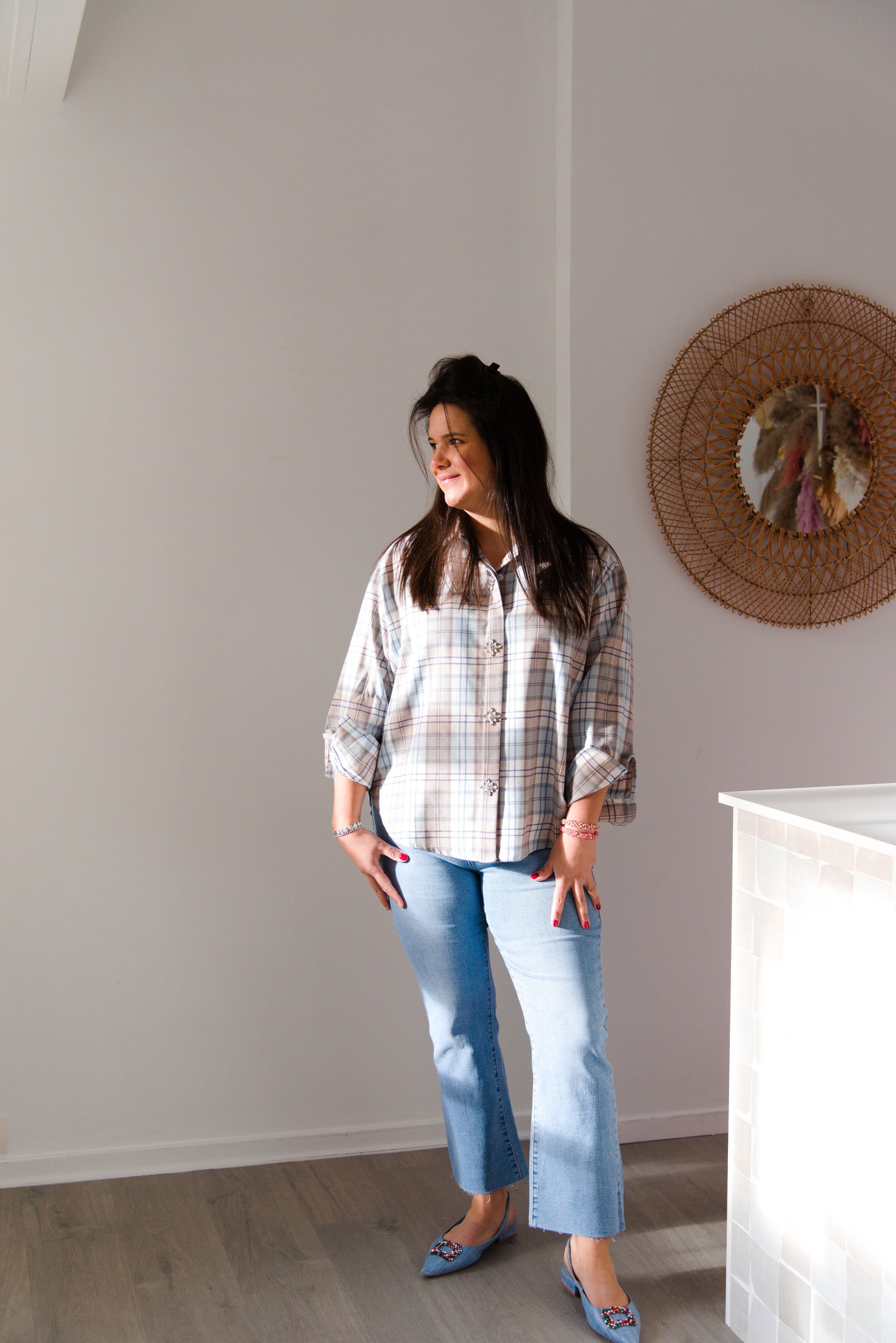 Embellished plaid shirt blue