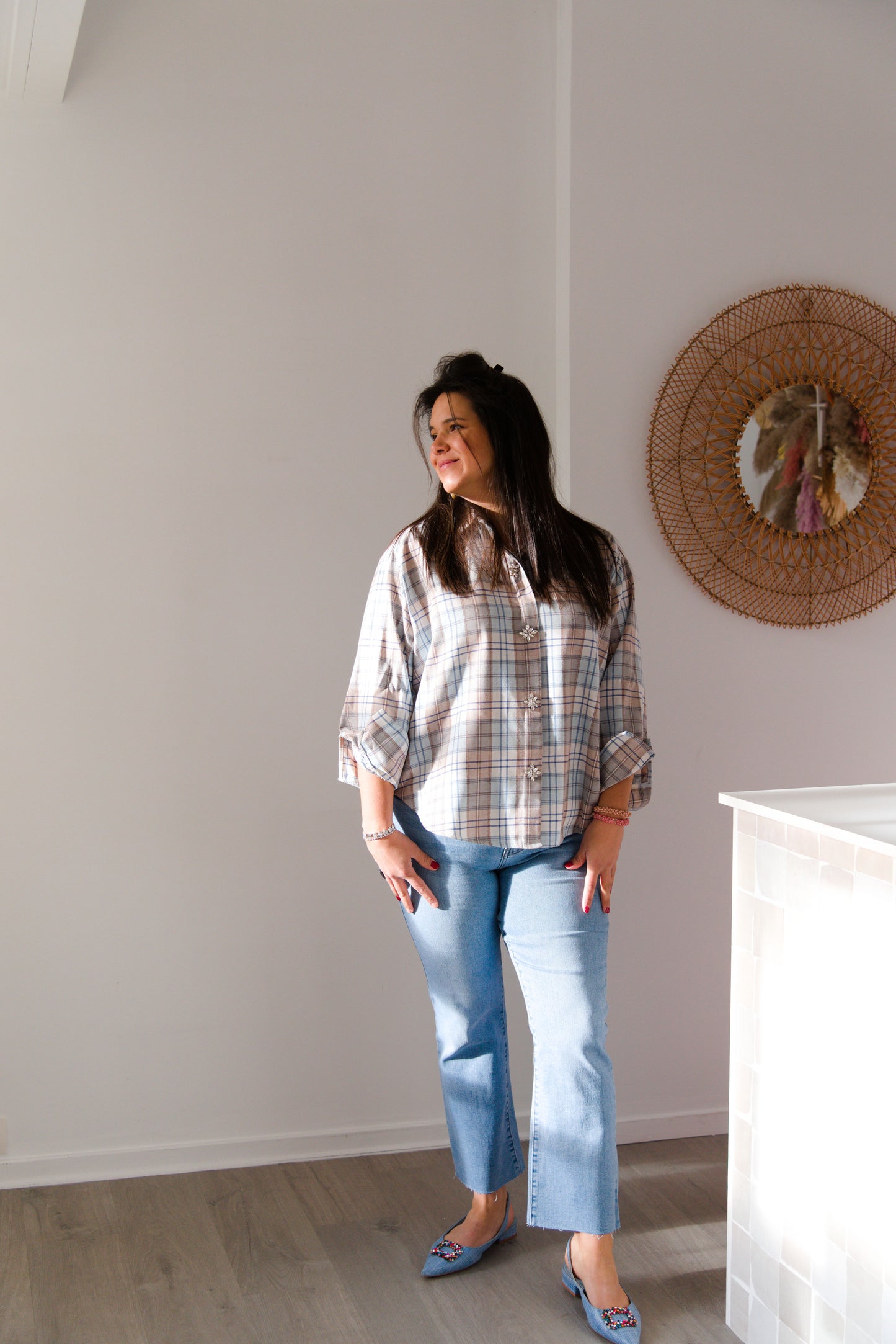 Embellished plaid shirt blue
