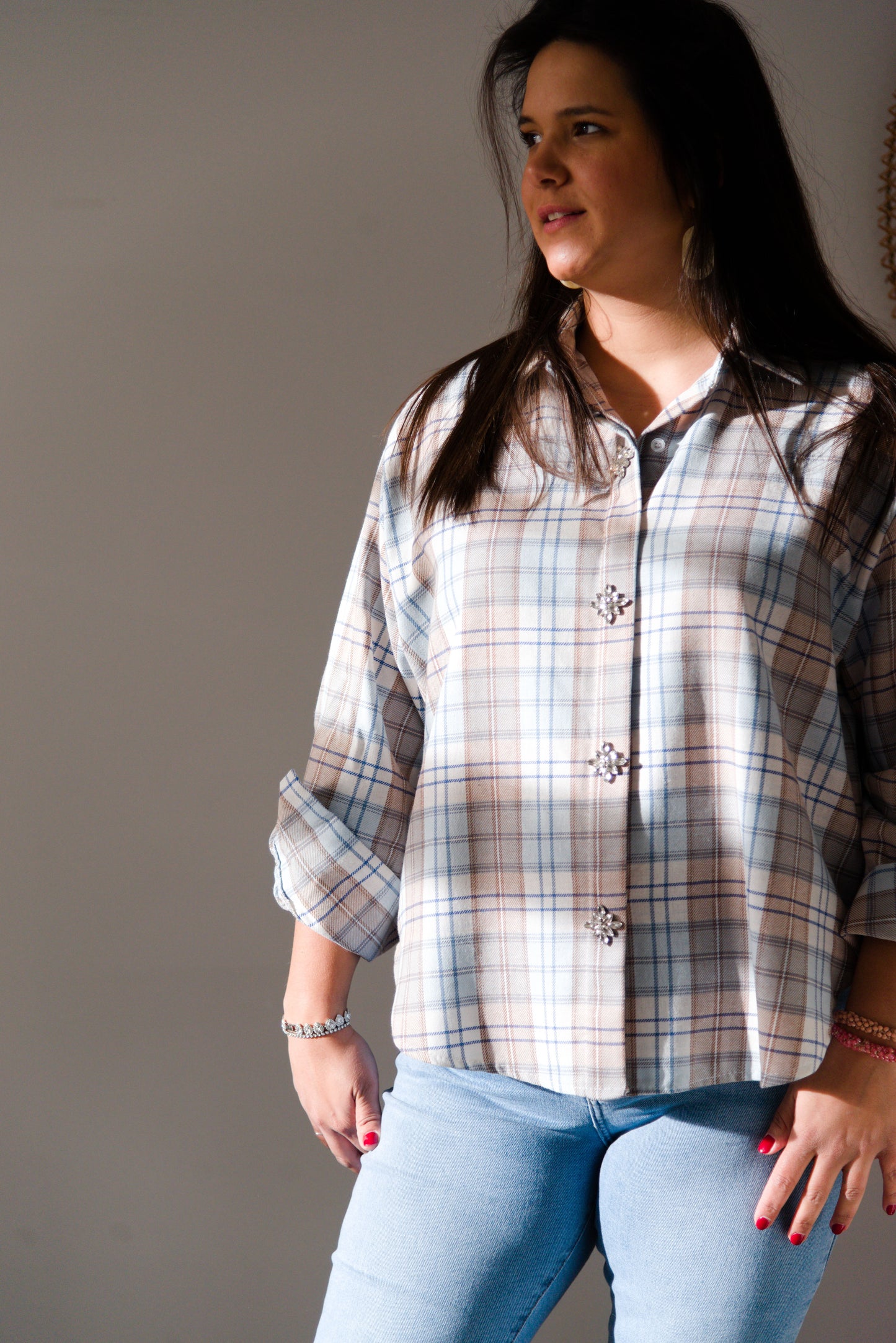 Embellished plaid shirt blue