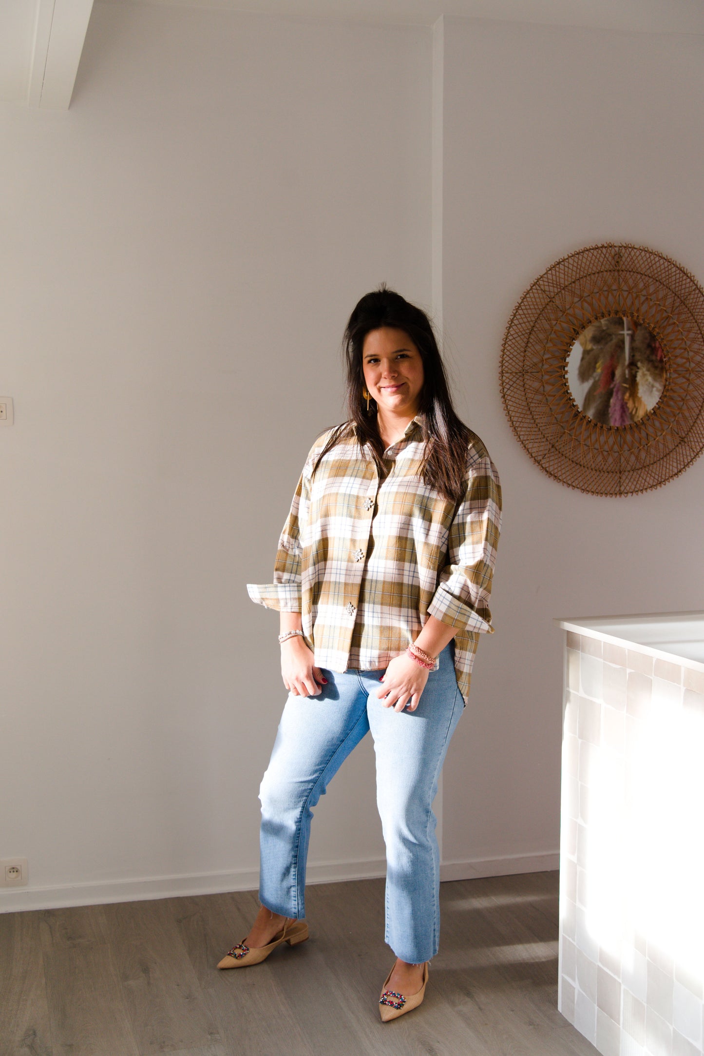Embellished plaid shirt army green