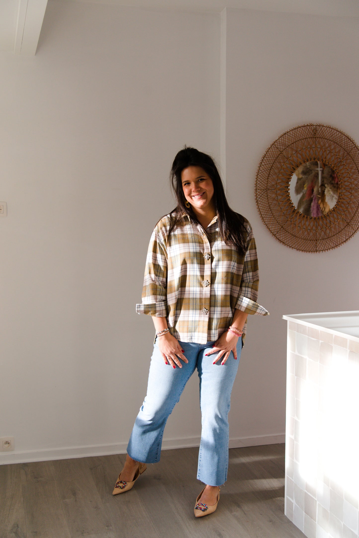 Embellished plaid shirt army green