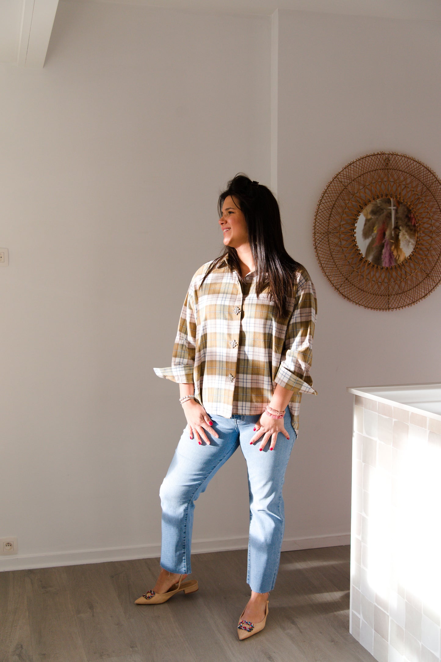 Embellished plaid shirt army green