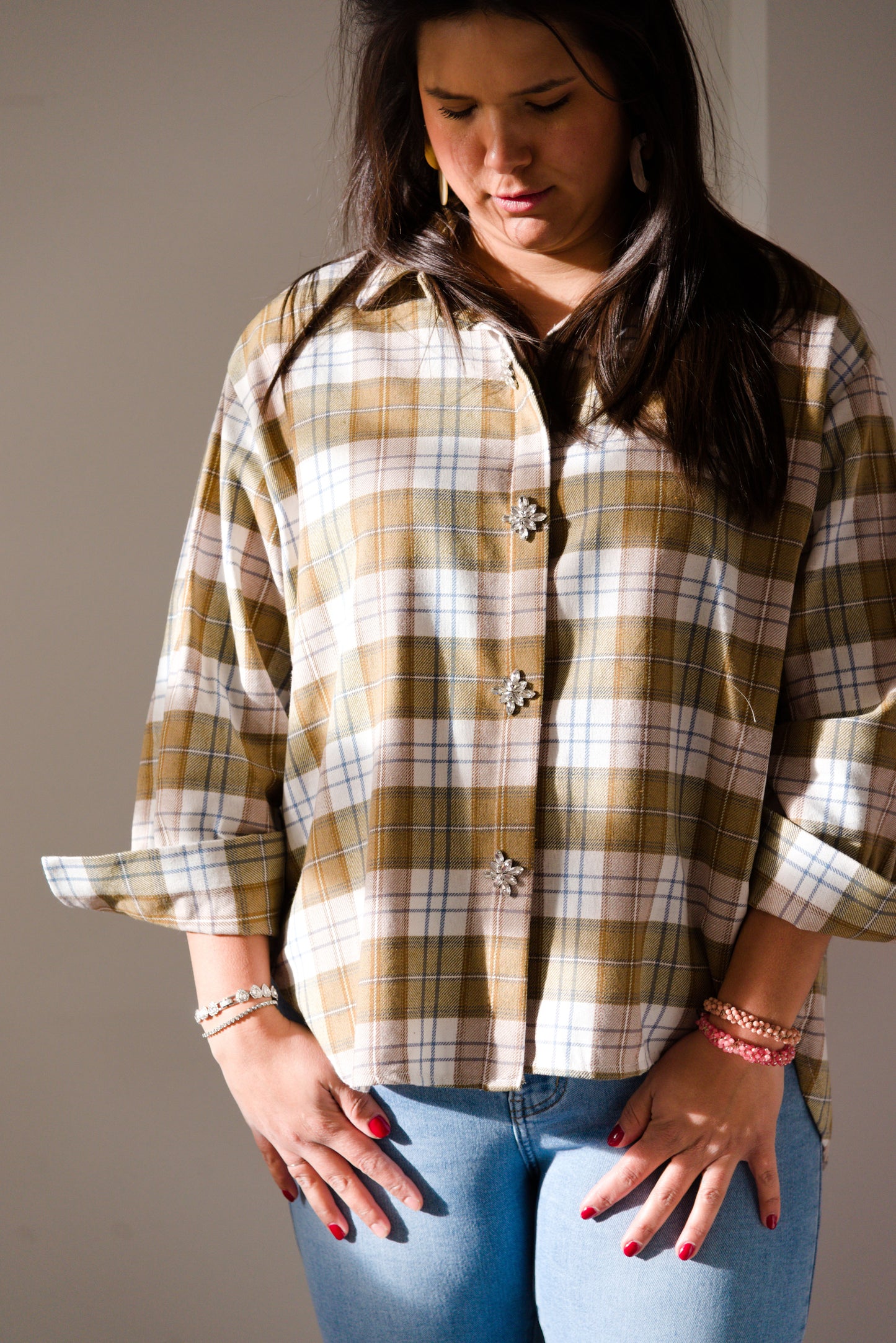 Embellished plaid shirt army green