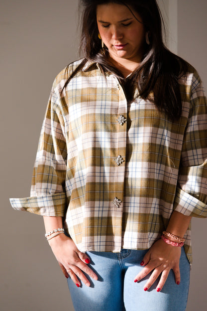Embellished plaid shirt army green