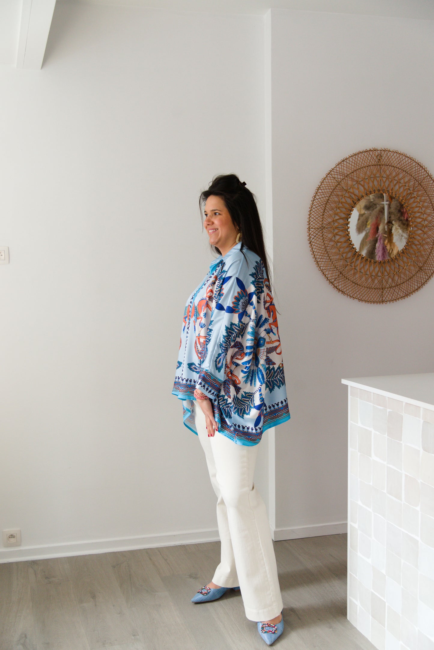 Butterfly satin blouse blue