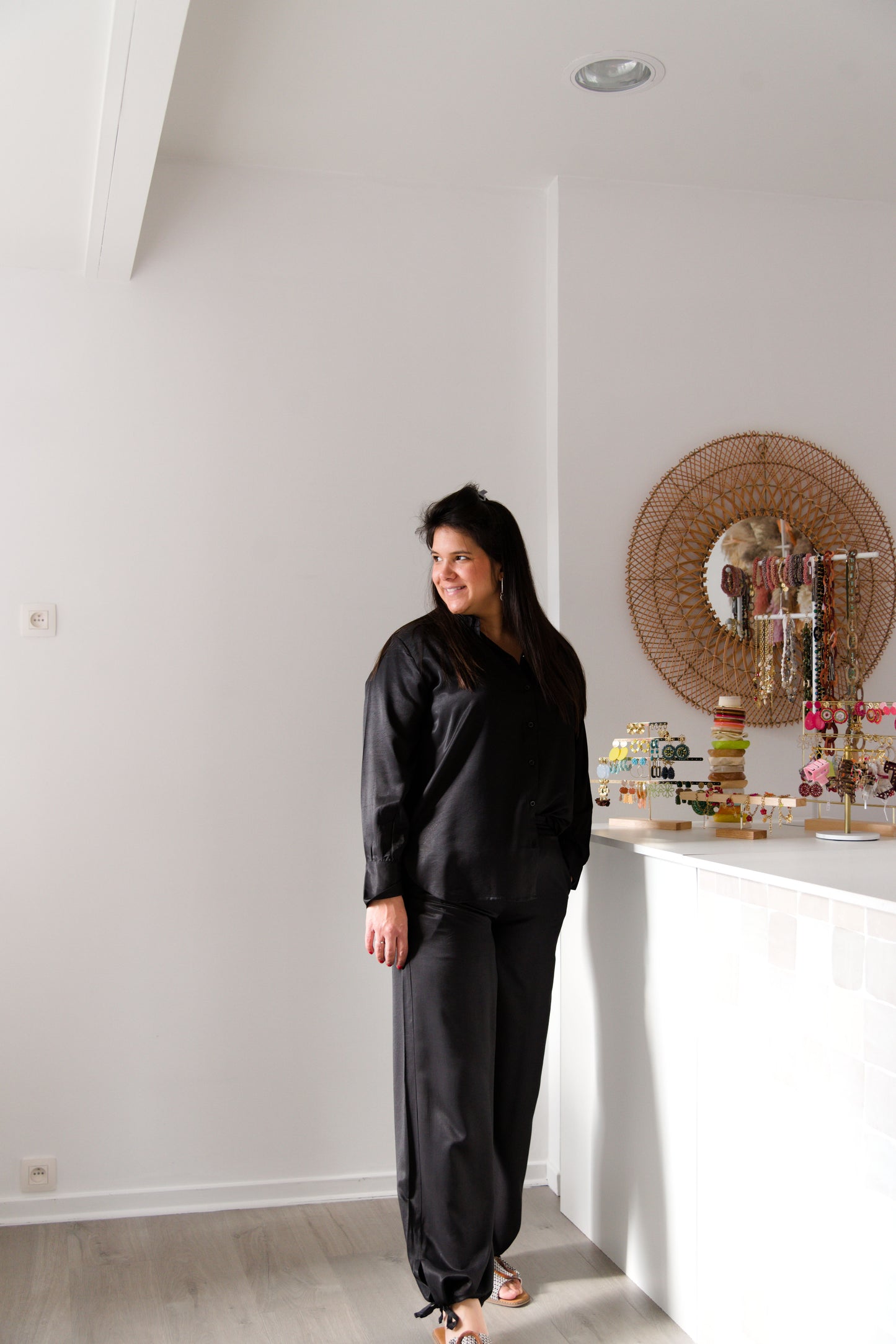 Black satin look pants