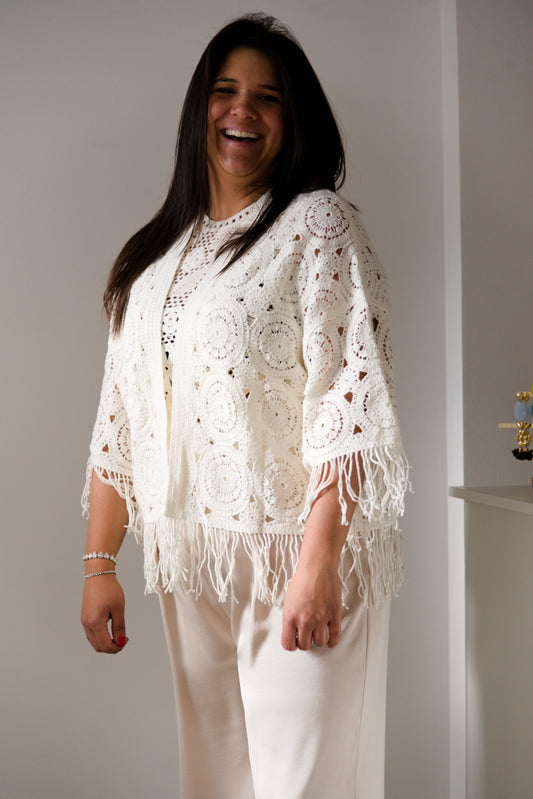 Boho fringe crochet cardigan ecru