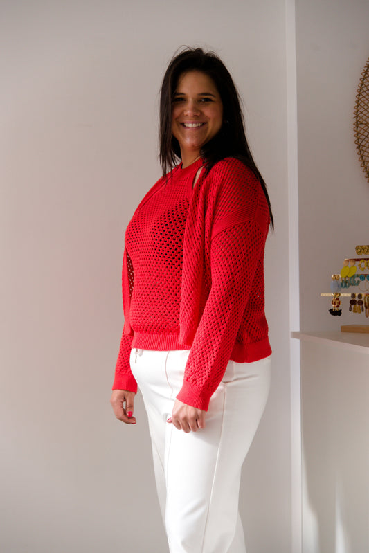Red crochet cardigan
