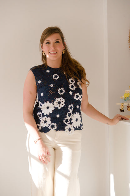 Boho bloom crochet top blue