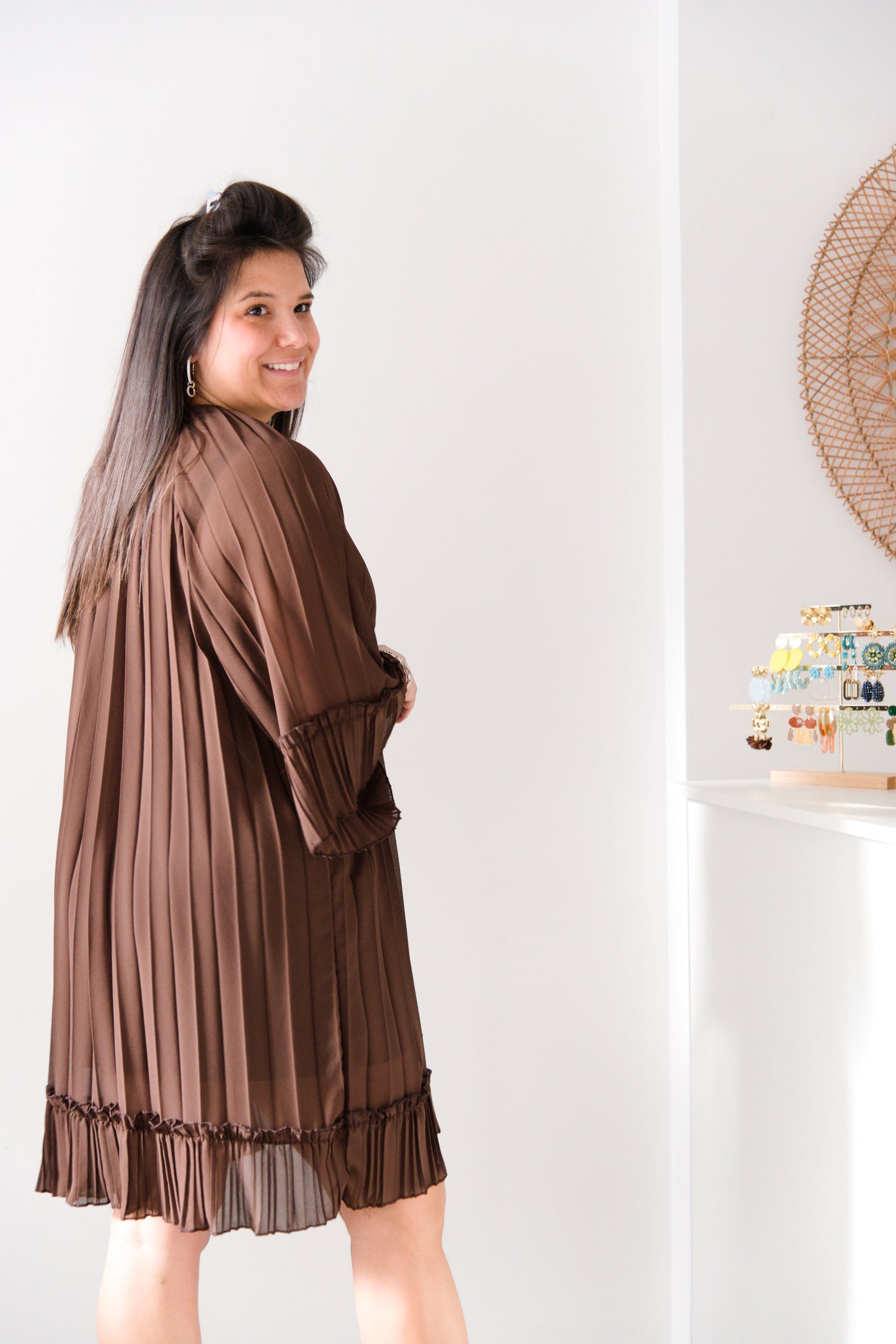 Twirl plissé dress brown